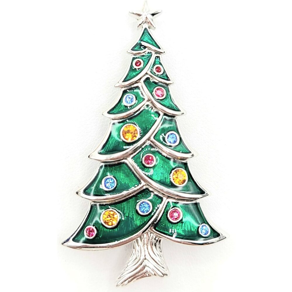 Swarovski Silvertone Green Enamel Multicolored Crystal Christmas Tree Brooch